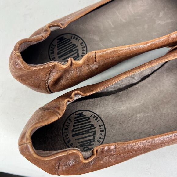 Palladium Ballet Flats Women's 7.5 Brown Leather Slip-On Peep Toe Preppy Comfort - Picture 9 of 10